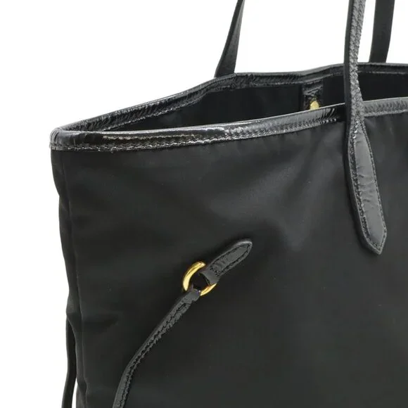Prada Logo Tote Large Shoulder Bag Nylon Enamel Patent Nero - Picture 6 of 7